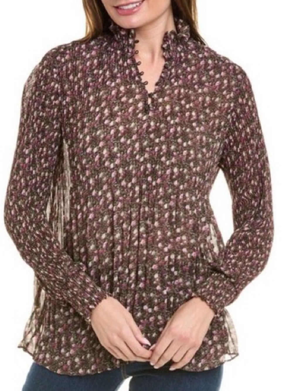 Sz XS Cabi Floral Smocked Neck Blouse with Pleats – Black & Pink Flowy